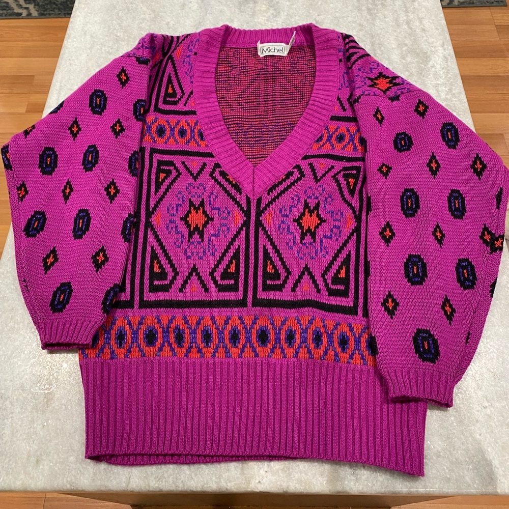 Michel Vintage HOT ELECTRIC NEON PINK retro knit V-neck sweater, Size Small